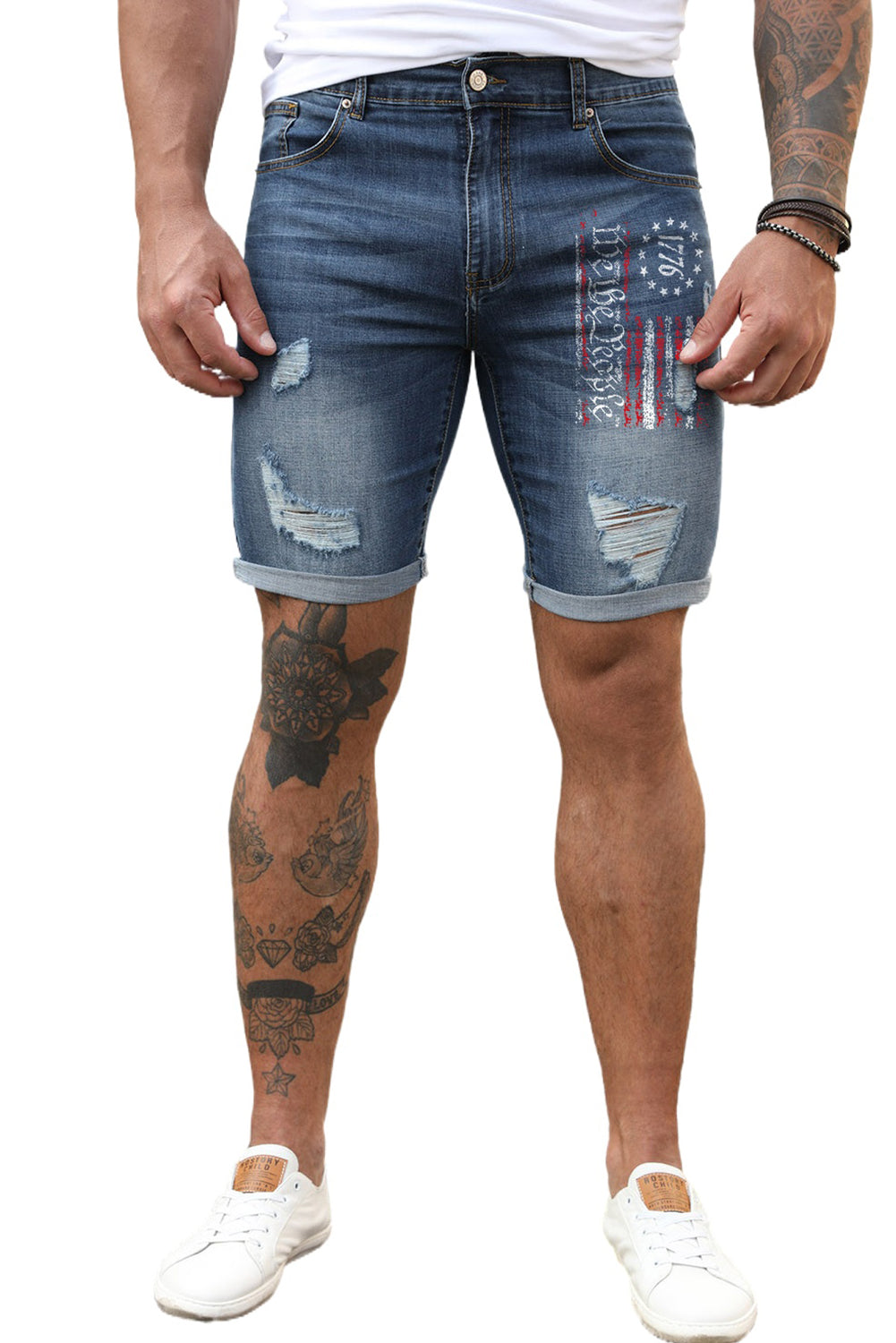 Blue Men's American Flag Distressed Denim Shorts Men's Pants JT's Designer Fashion