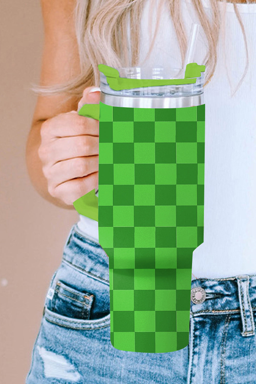 Green Two Tone Checkered Stainless Tumbler with Handle 1200ml Tumblers JT's Designer Fashion