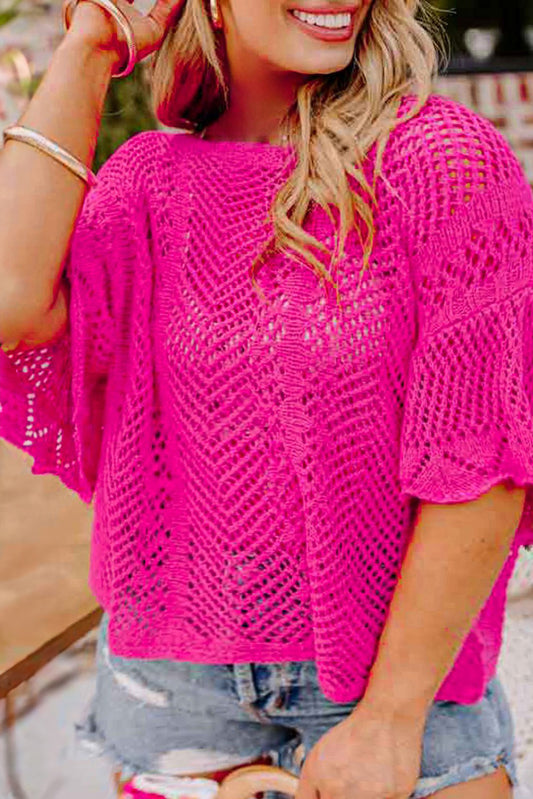 Bright Pink Plus Size Hollow-out Knitted Ruffled Short Sleeve Sweater Pre Order Plus Size JT's Designer Fashion