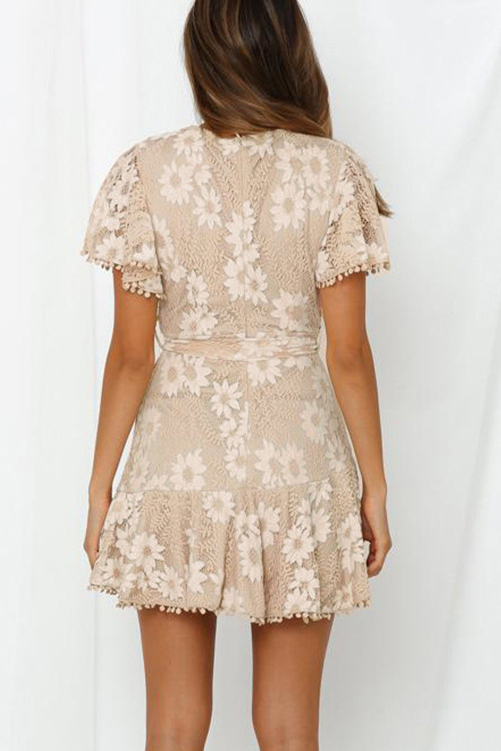Apricot Flutter Sleeve Wrap V Neck Floral Lace Short Dress Mini Dresses JT's Designer Fashion