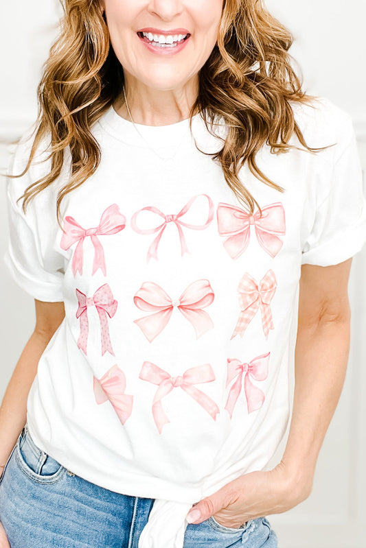 White Girly Bowknot Graphic Cotton Blend T Shirt Graphic Tees JT's Designer Fashion