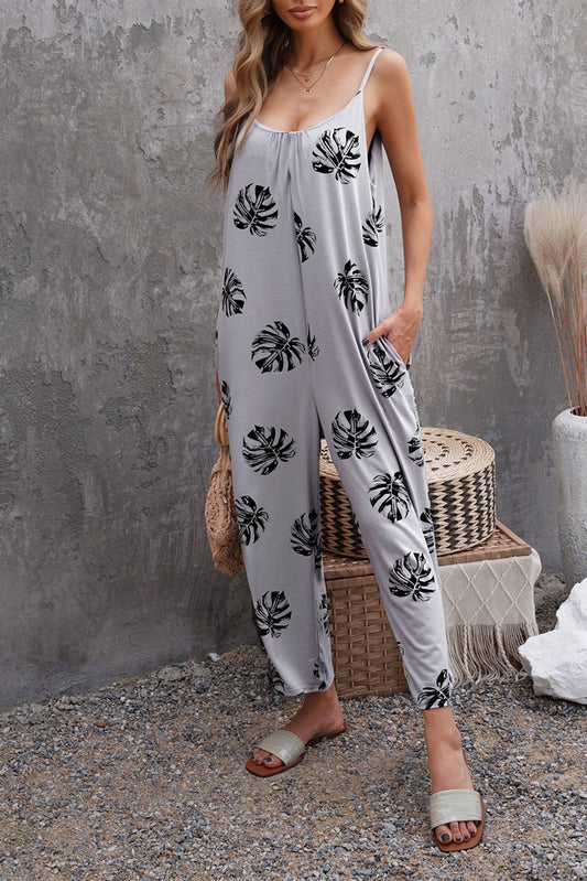 Gray Palm Leaves Print Spaghetti Strap Wide Leg jumpsuit Gray 95%Polyester+5%Spandex Jumpsuits & Rompers JT's Designer Fashion