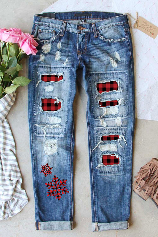 Sky Blue Plaid Snowflake Distressed Patchwork Jeans Graphic Pants JT's Designer Fashion