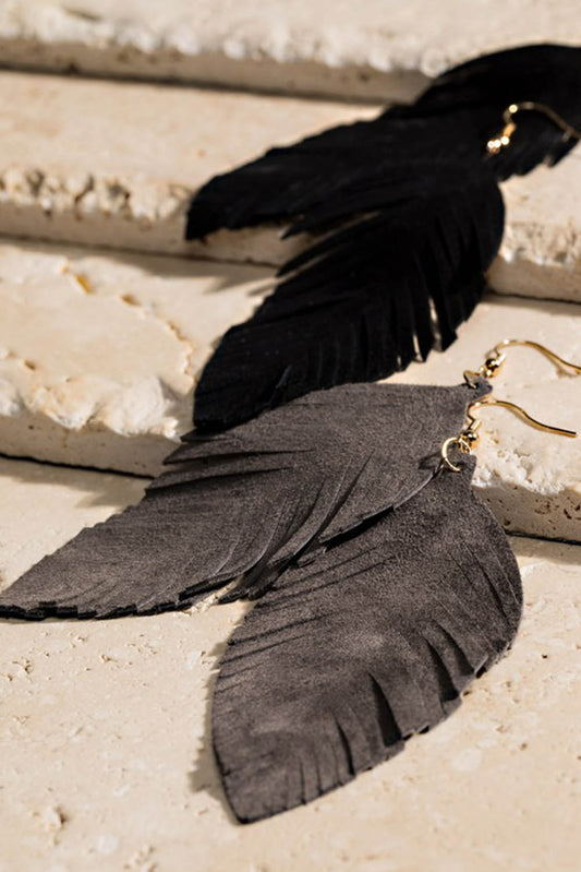 Gray Leather Tassel Feather Earrings Jewelry JT's Designer Fashion