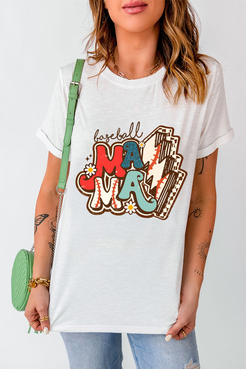 White MAMA Baseball Bolt Graphic T Shirt Graphic Tees JT's Designer Fashion