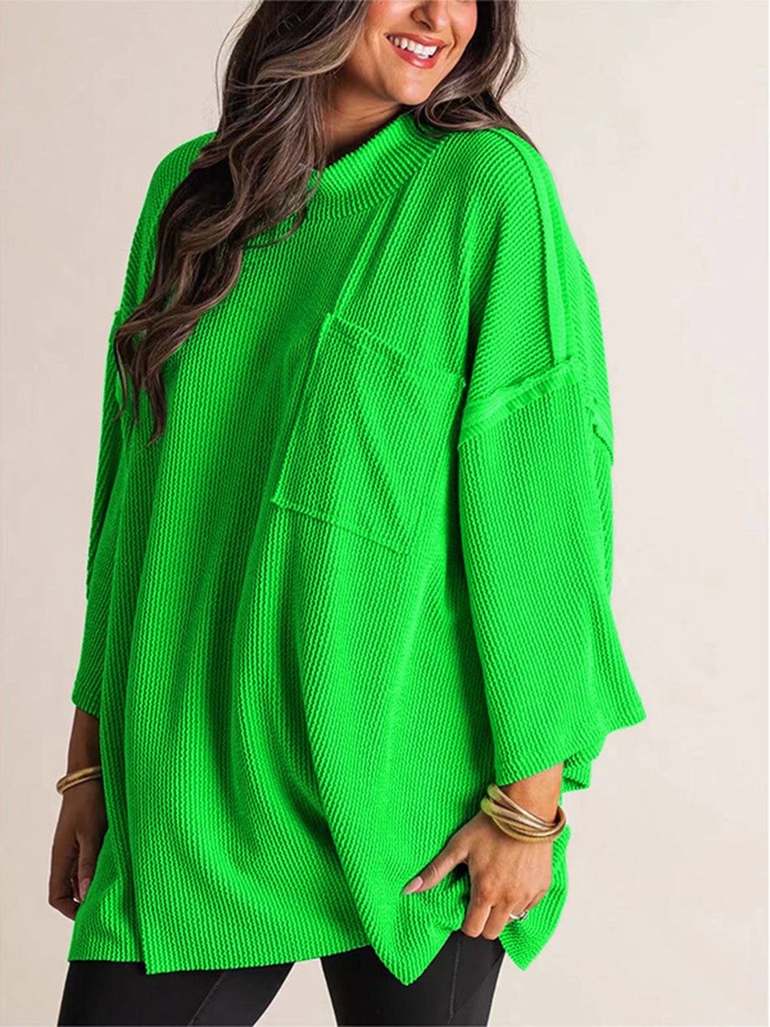 Mock Neck Dropped Shoulder T-Shirt Mid Green T-Shirts JT's Designer Fashion