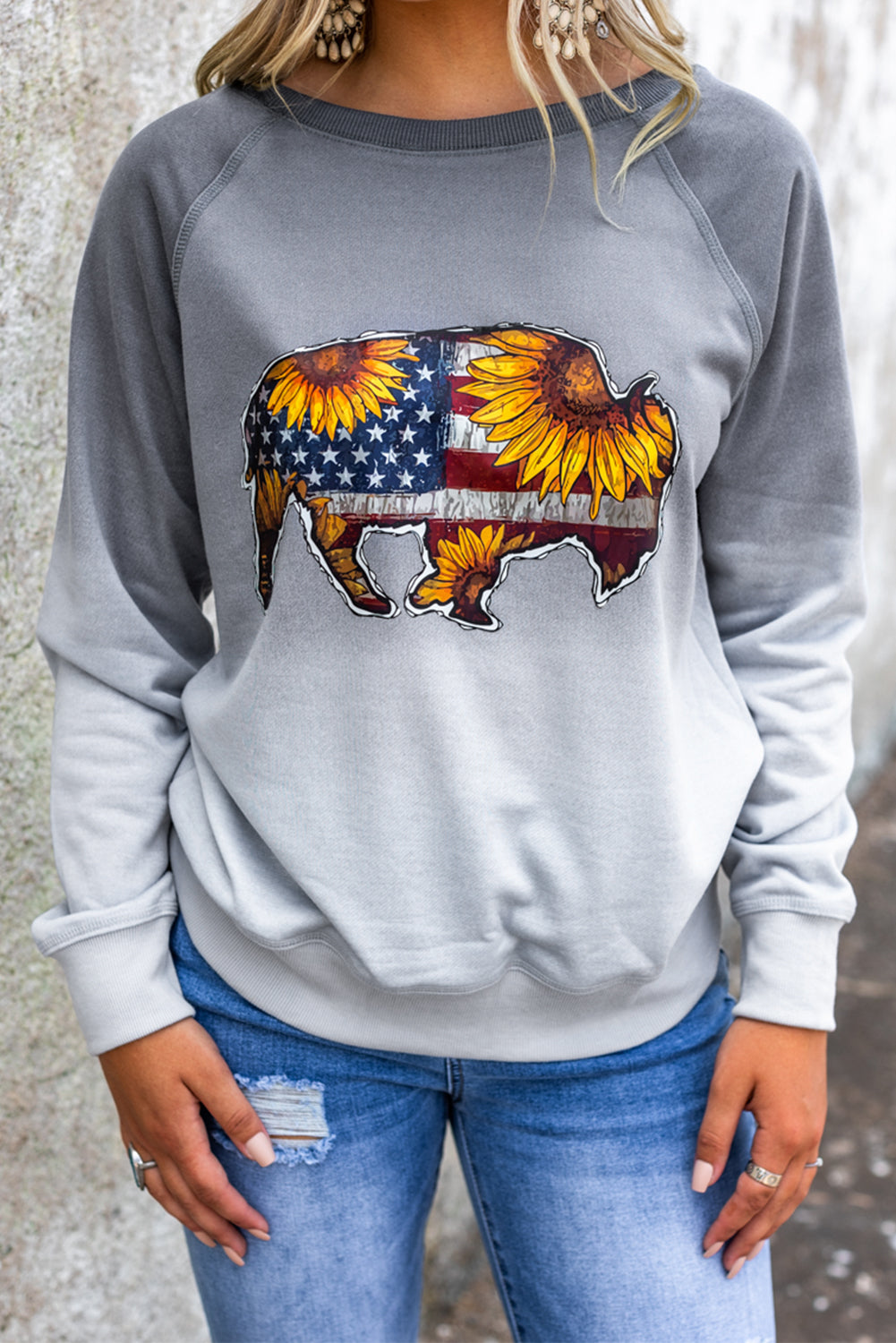 Gray American Flag Sunflower Cow Shape Print Graphic Sweatshirt Graphic Sweatshirts JT's Designer Fashion
