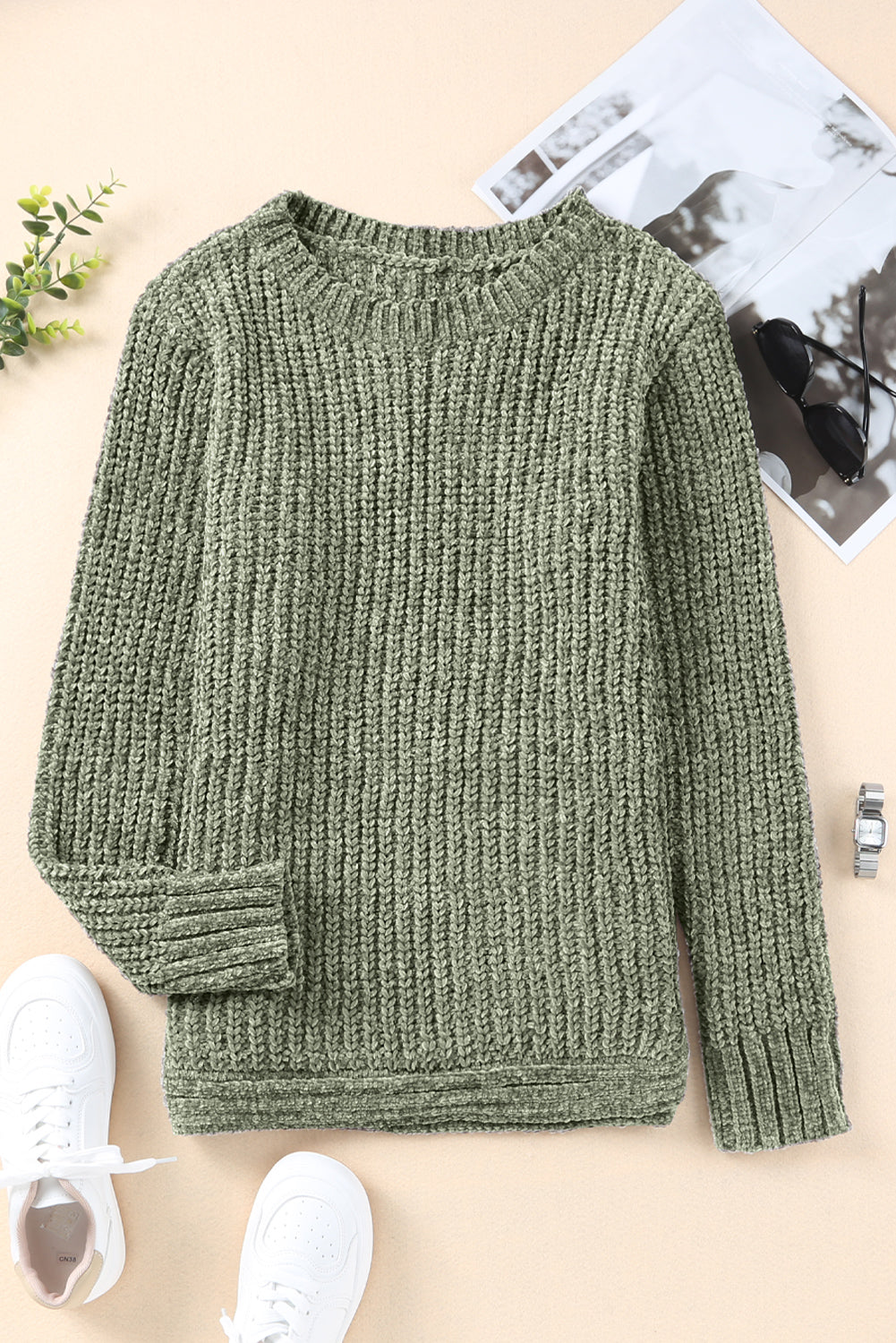 Green Long Sleeve Round Hem Cable Knit Sweater Sweaters & Cardigans JT's Designer Fashion