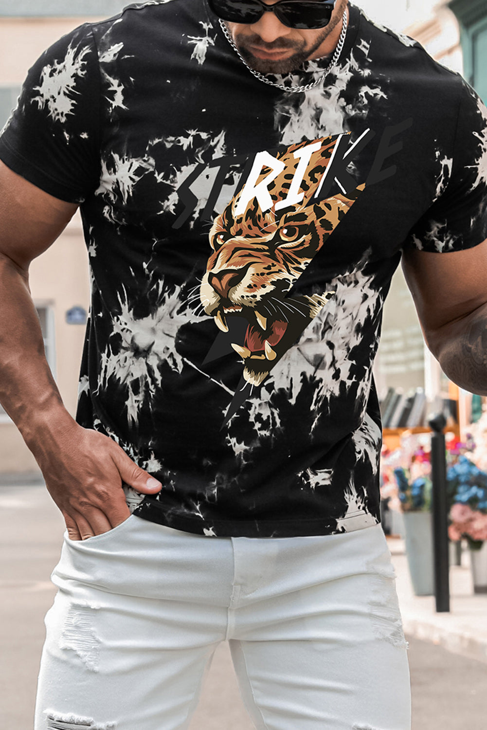 Black STRIKE Tiger Head Tie Dyed Print Men's Graphic Tee Black 100%Cotton Men's Tops JT's Designer Fashion