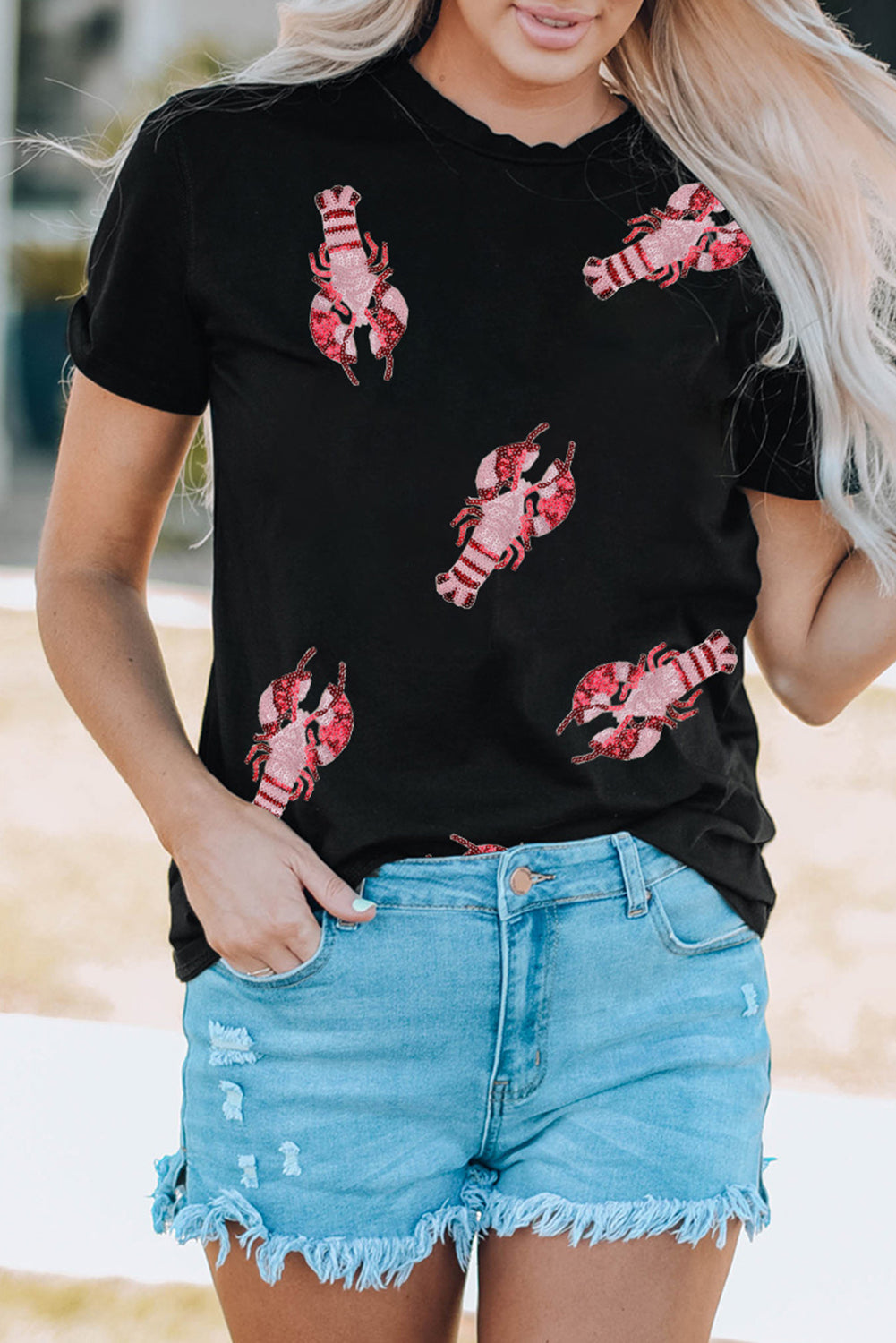 Black Sequined Crayfish Round Neck Graphic Tee Graphic Tees JT's Designer Fashion