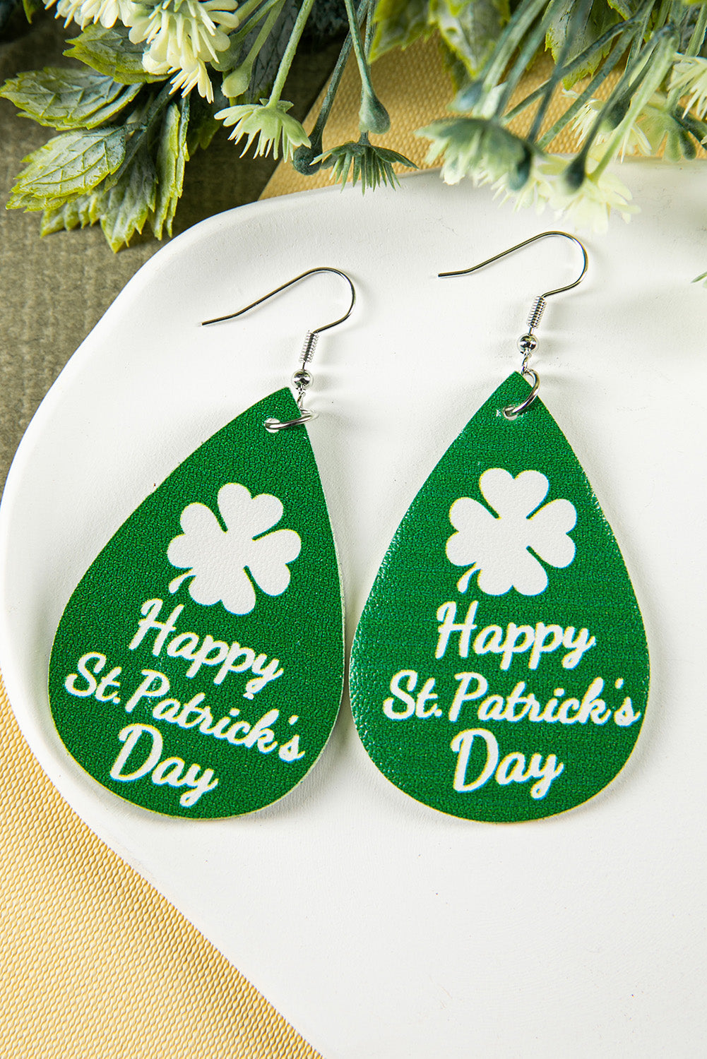 Green Happy St.Patrick's Day Clover Pattern Water Drop Earrings Jewelry JT's Designer Fashion