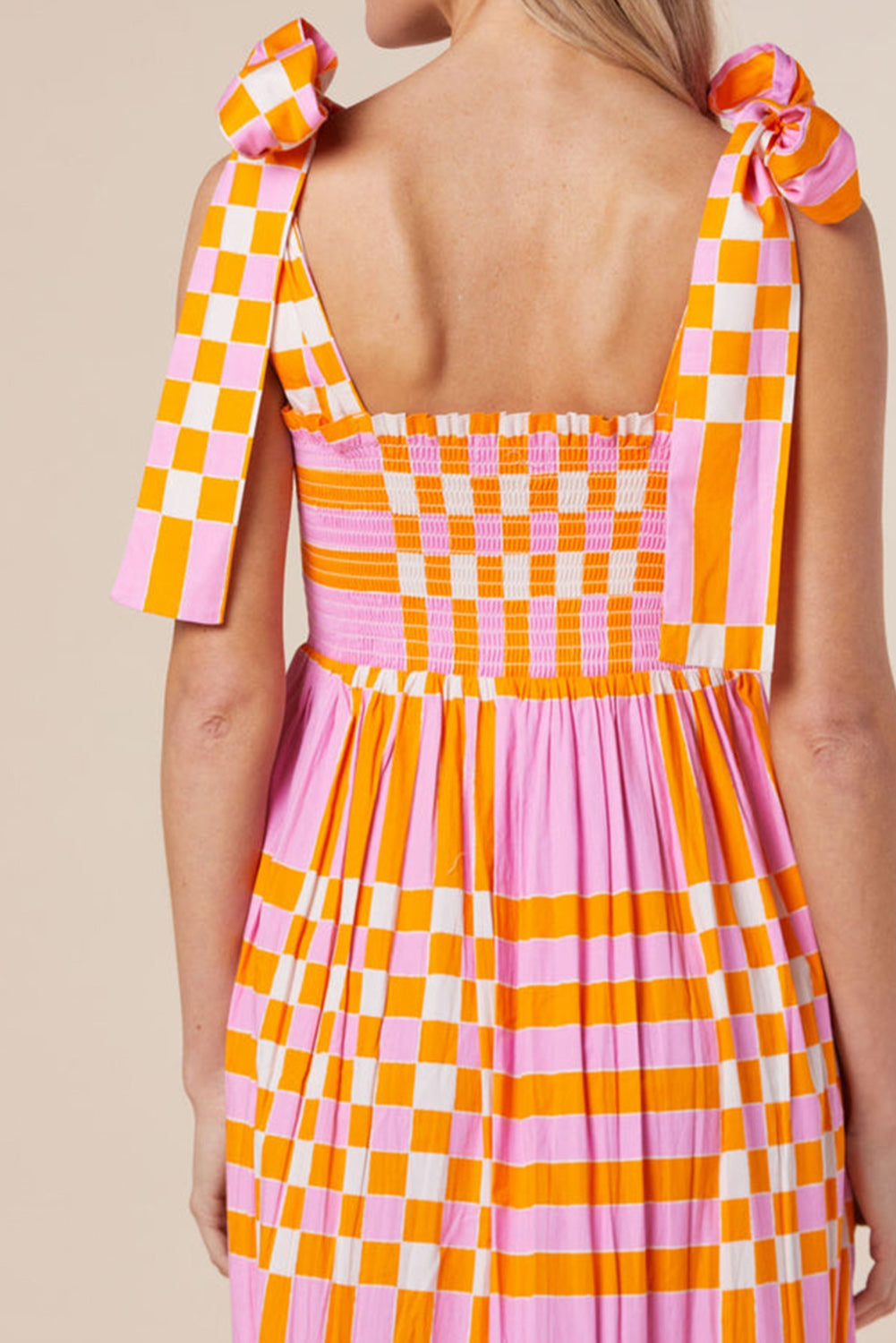 Pink Boho Gingham/Floral Tied Straps Smocked Maxi Dress Pre Order Dresses JT's Designer Fashion