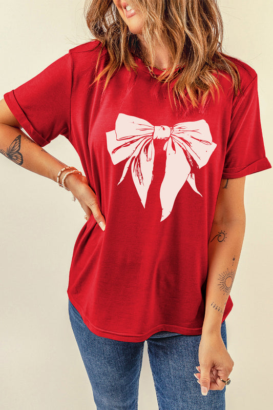 Red Cute Bow Knot Print Crew Neck T Shirt Graphic Tees JT's Designer Fashion