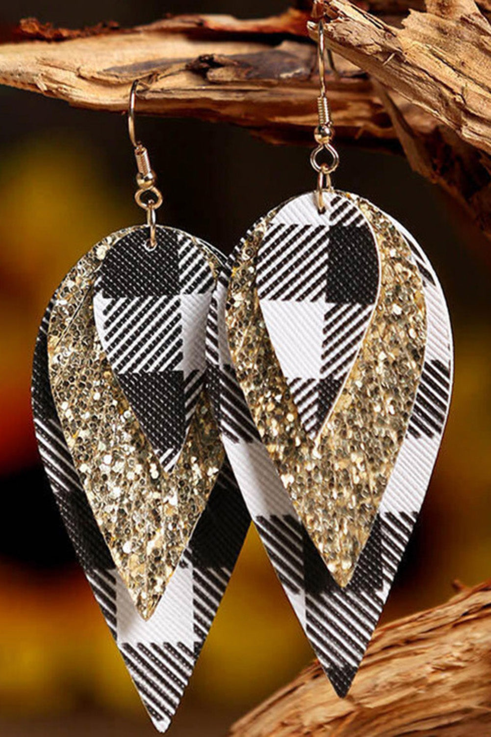 Black Plaid Sequin PU Leather Drop Earrings Jewelry JT's Designer Fashion