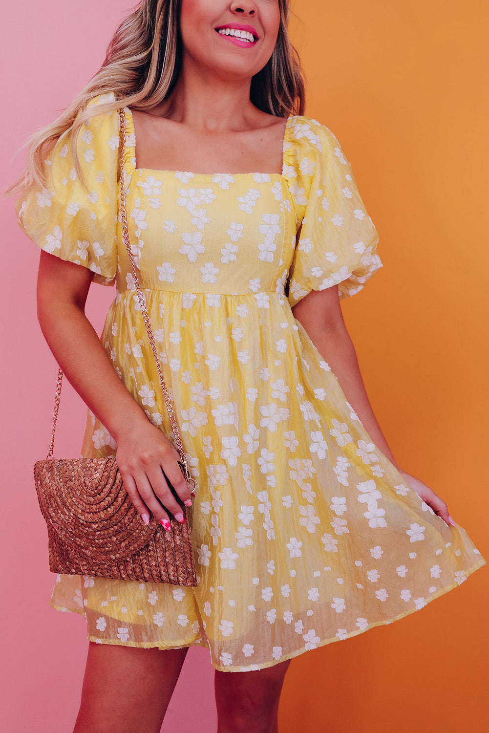 Yellow Boho Flower Jacquard Puff Sleeve Square Neck Mini Dress Pre Order Dresses JT's Designer Fashion