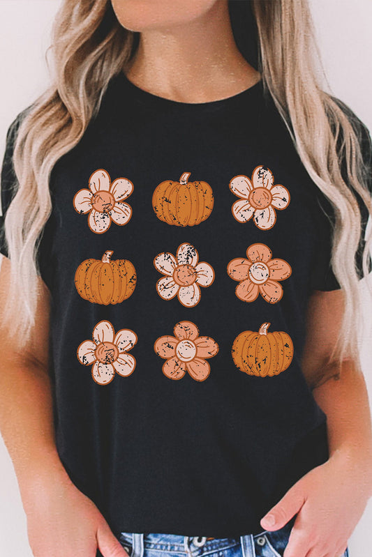 Black Pumpkin Flower Print Short Sleeve Graphic Top Graphic Tees JT's Designer Fashion