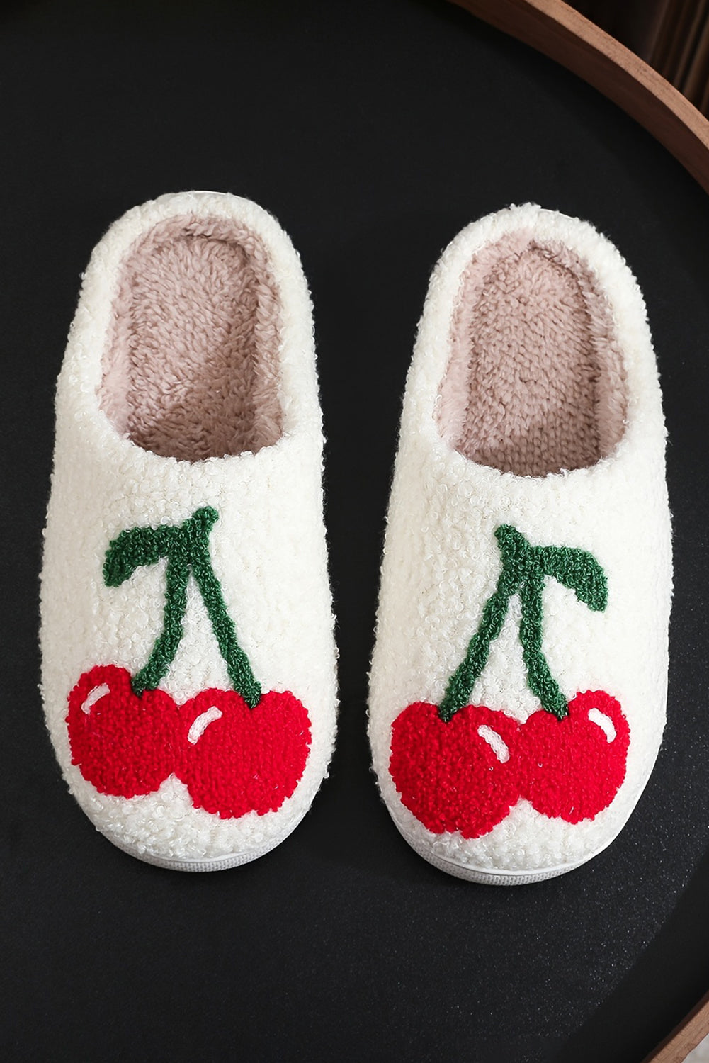 White Cute Fruit Cherry Pattern Winter Plush Slippers Slippers JT's Designer Fashion