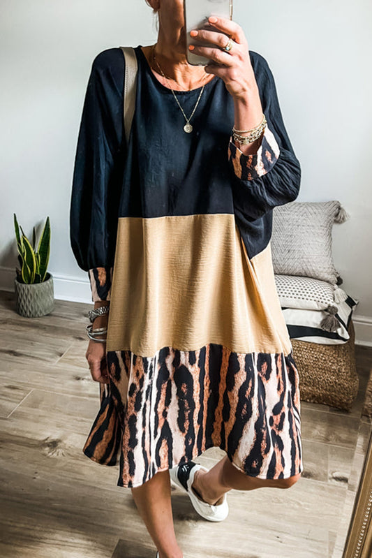 Khaki Printed Tiger Stripe Colorblock Bishop Sleeve Mini Dress Mini Dresses JT's Designer Fashion