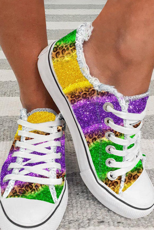 Multicolor Leopard Color Block Lace-up Canvas Shoes Women's Shoes JT's Designer Fashion