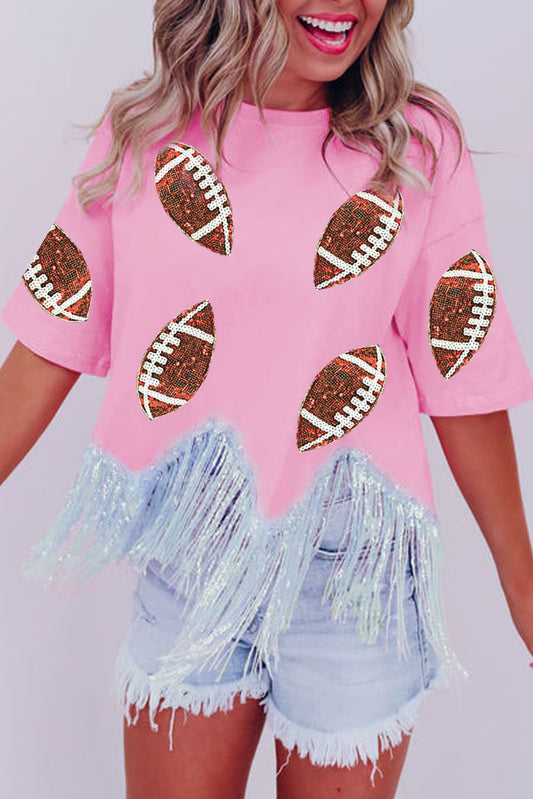 Pink Sequined Rugby Fringe Hem Cropped T Shirt Graphic Tees JT's Designer Fashion