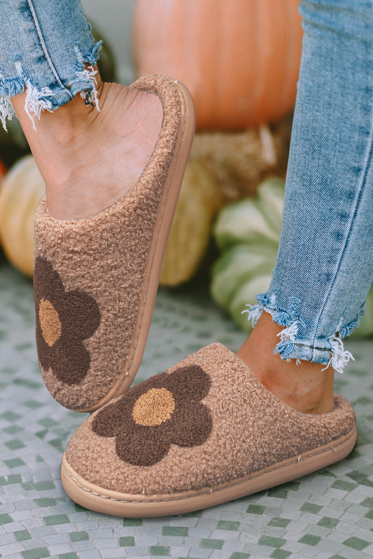 Camel Fuzzy Flower Pattern Homewear Slippers Slippers JT's Designer Fashion
