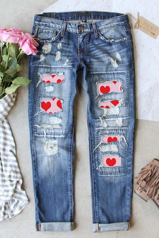 Sky Blue Valentines Day Heart Patchwork Distressed Jeans Graphic Pants JT's Designer Fashion