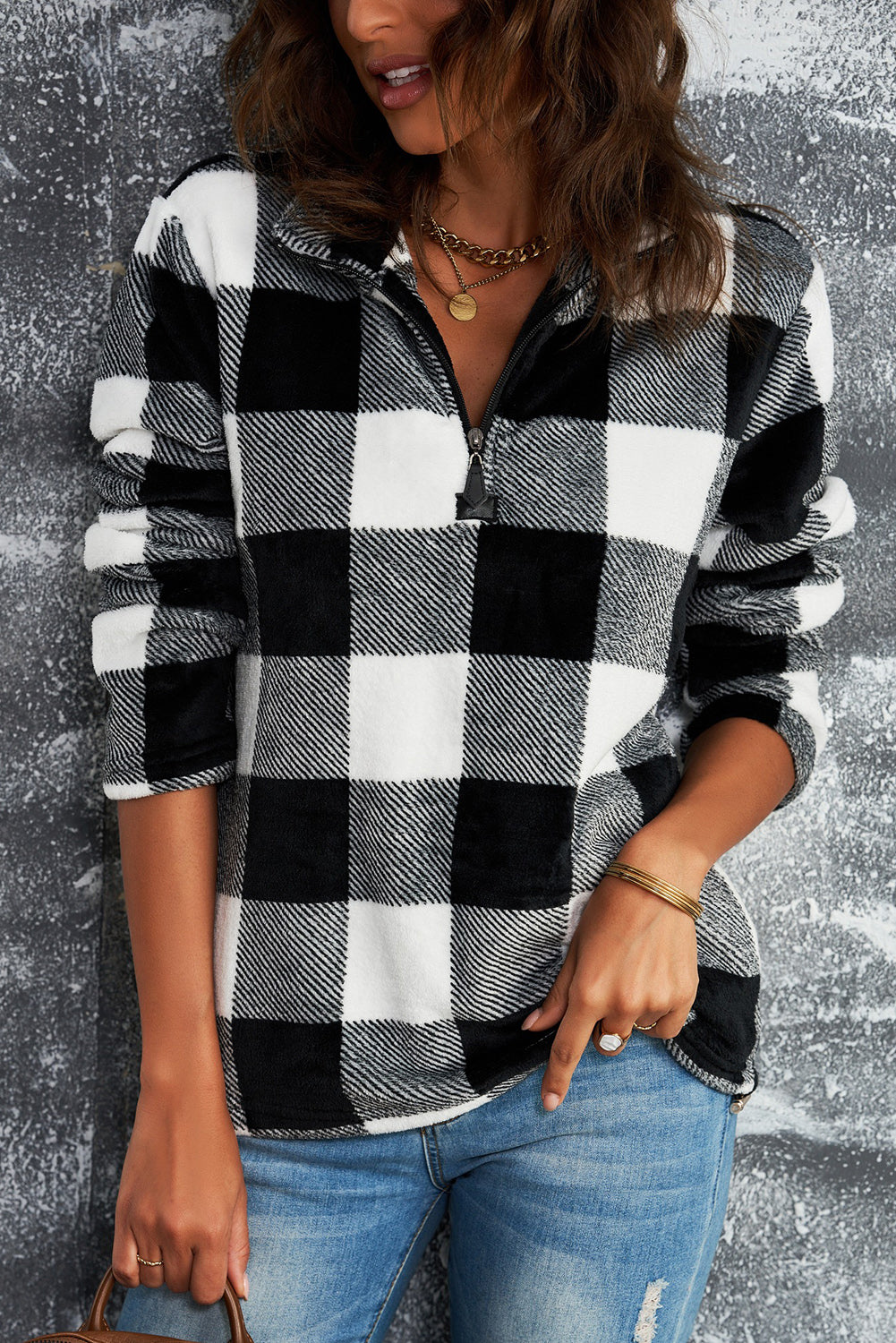 Black Plaid Print 1/4 Zip Turn-down Collar Sweatshirt Sweatshirts & Hoodies JT's Designer Fashion