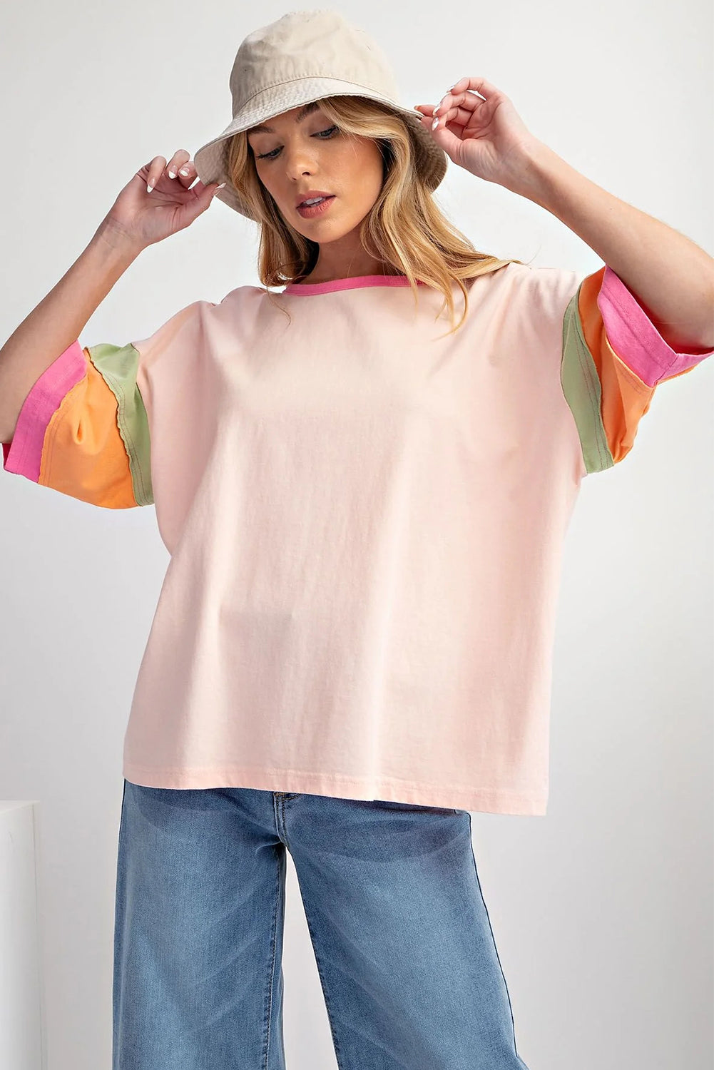 Pink Color Block Stitching Sleeve Round Neck Oversize Top Pre Order Tops JT's Designer Fashion