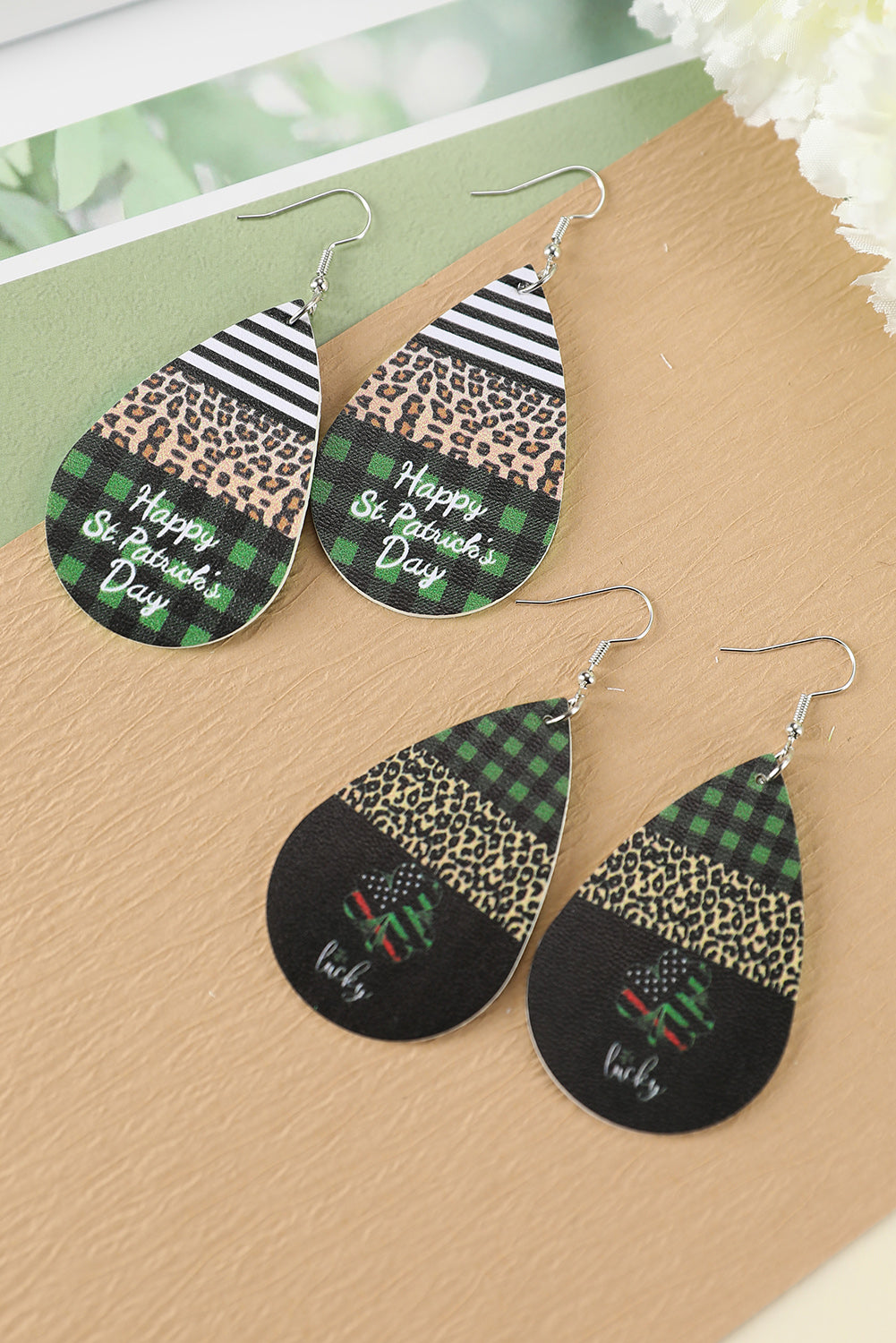 Black Plaid Leopard Lucky Clover Print Earrings Jewelry JT's Designer Fashion