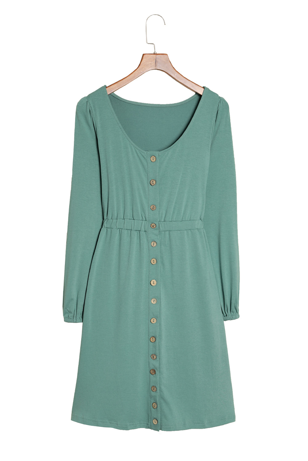 Green Button Up High Waist Long Sleeve Dress Midi Dresses JT's Designer Fashion