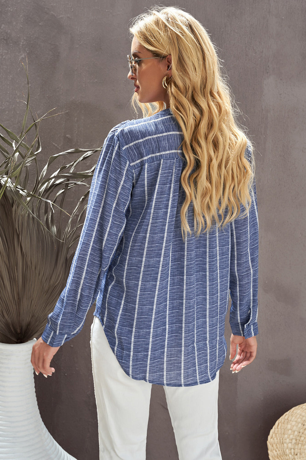 Blue Striped V Neck Pocket Long Sleeve Top Long Sleeve Tops JT's Designer Fashion