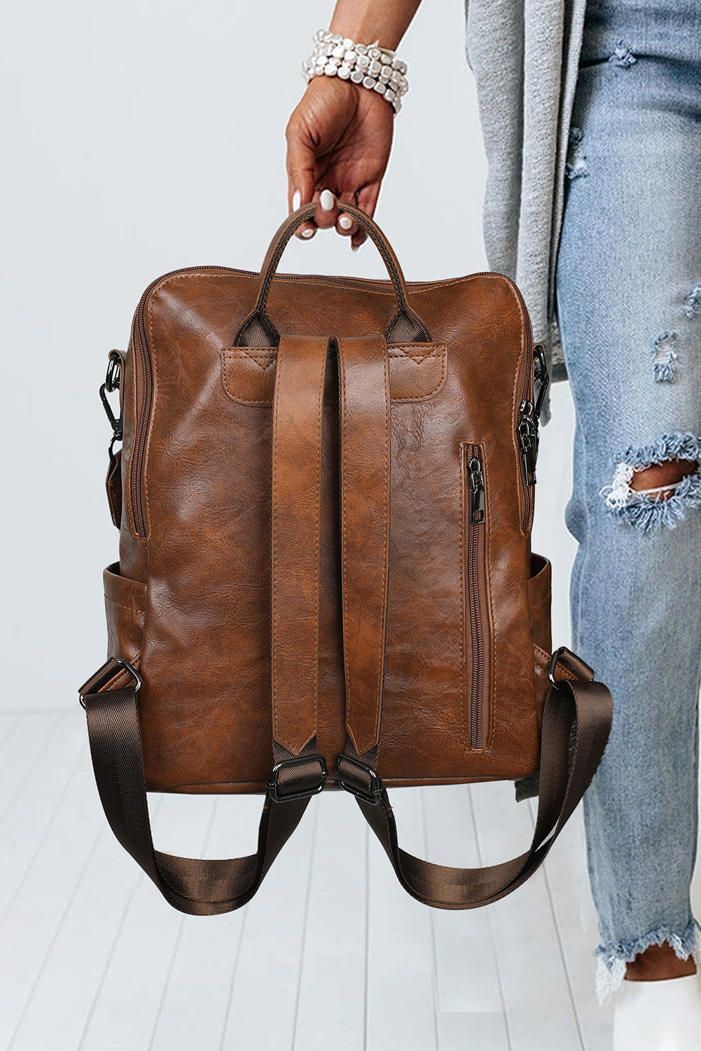 Dark Brown Tassel Decor Retro PU Large Capacity Backpack Backpacks JT's Designer Fashion