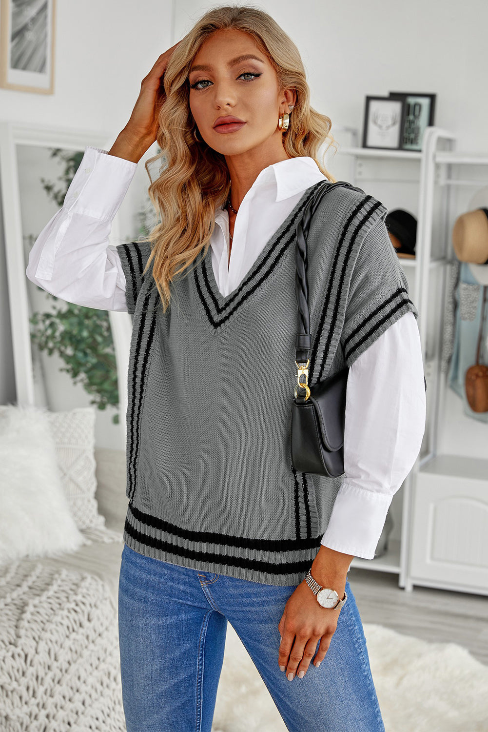 Gray V Neck Contrast Stripes Trims Short Sleeve Sweater Sweaters & Cardigans JT's Designer Fashion