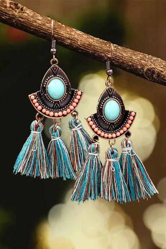 Sky Blue Bohemian Beaded Gem Stone Tasseled Earrings Jewelry JT's Designer Fashion