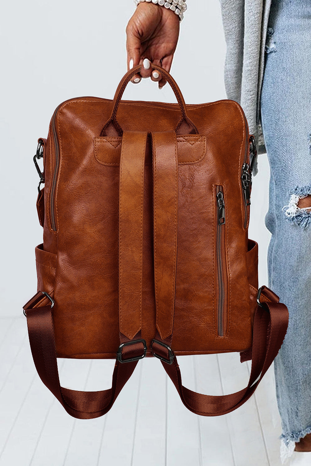 Brown Tassel Decor Retro PU Large Capacity Backpack Backpacks JT's Designer Fashion