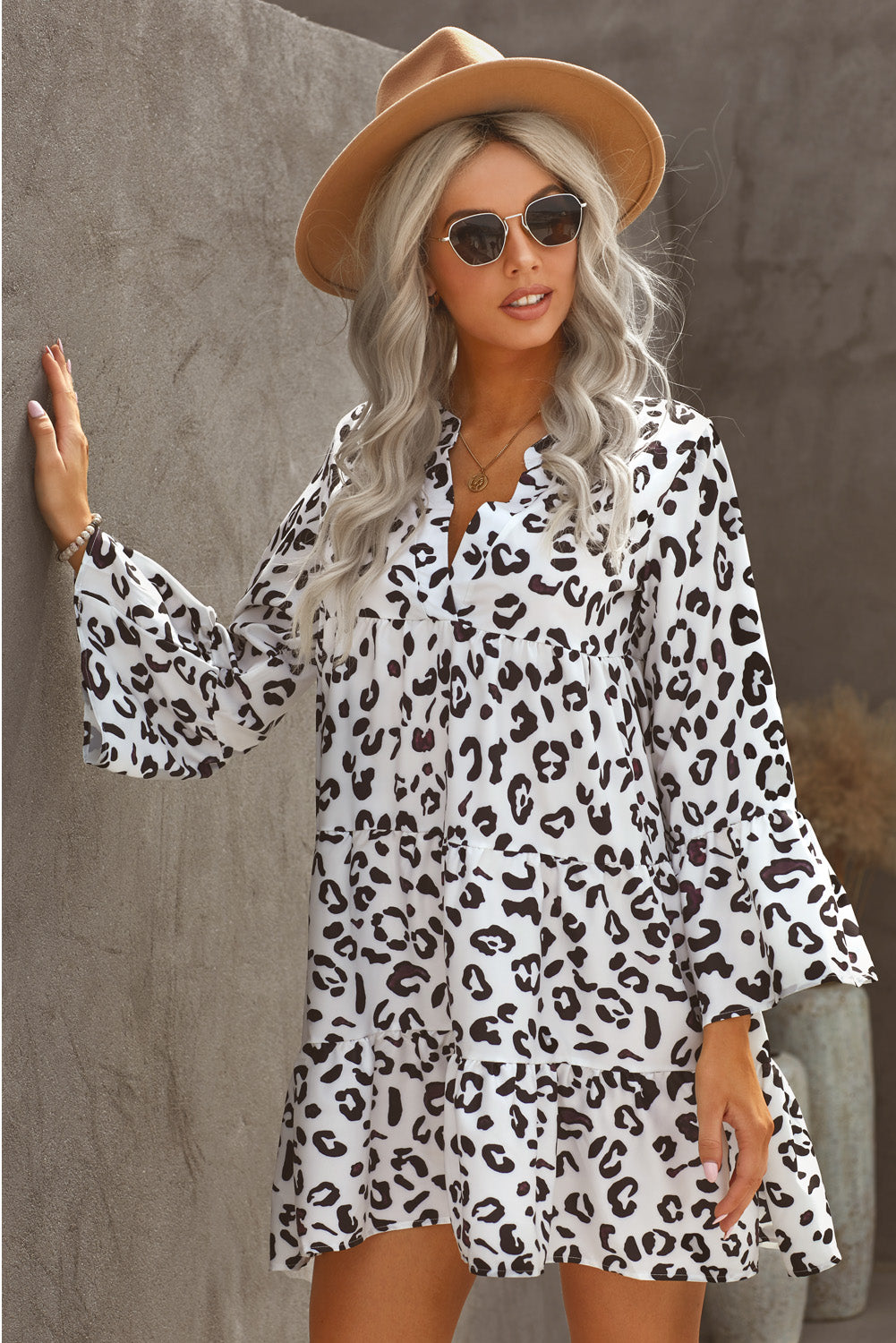 White Leopard Print V neck Ruffle Swing Mini Dress Mini Dresses JT's Designer Fashion