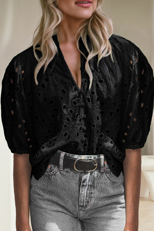 Eyelet Button Up Half Sleeve Blouse Black Blouses & Shirts JT's Designer Fashion