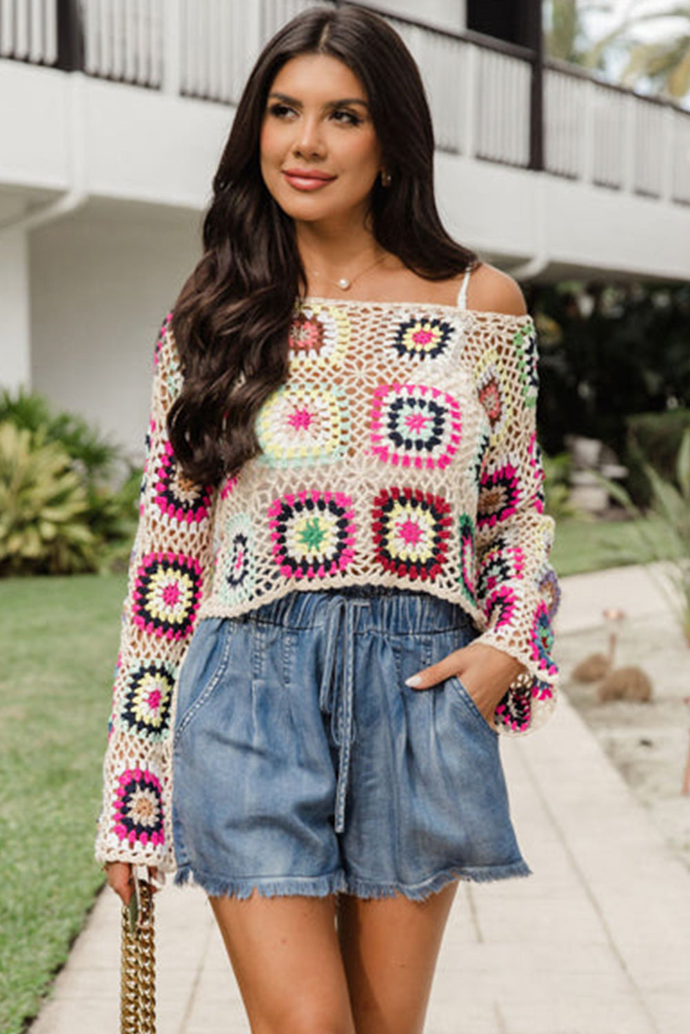 Apricot Boho Crochet Hollow-out Crop Sweater Pre Order Sweaters & Cardigans JT's Designer Fashion