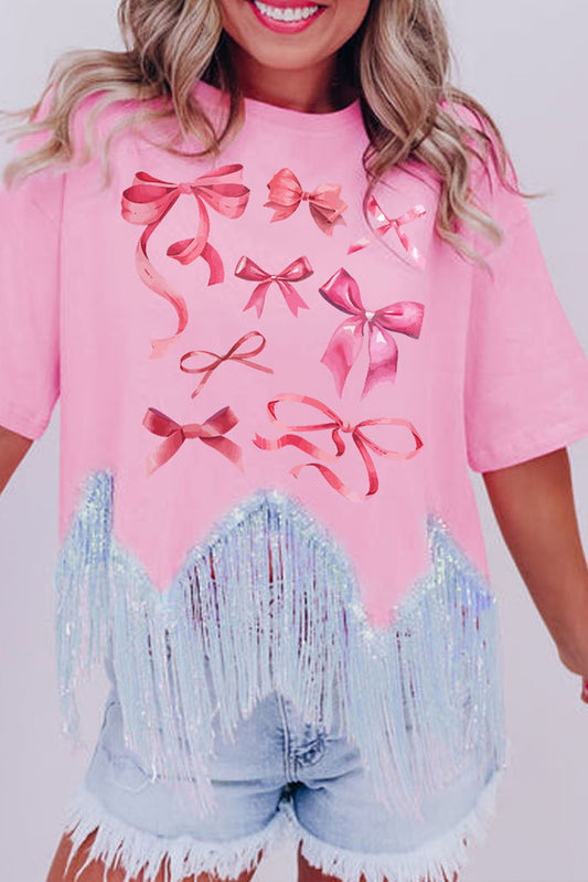 Pink Sweet Bowknot Graphic Fringed Hem T-shirt Graphic Tees JT's Designer Fashion