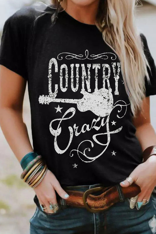 Black Country Music Crazy Print Crew Neck T Shirt Graphic Tees JT's Designer Fashion