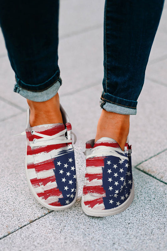 Red Fourth of July Flag Pattern Lace-up Flat Shoes Women's Shoes JT's Designer Fashion