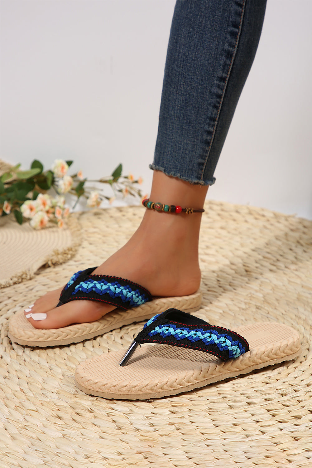 Blue Woven Strap Flat Flip Flops Slippers JT's Designer Fashion