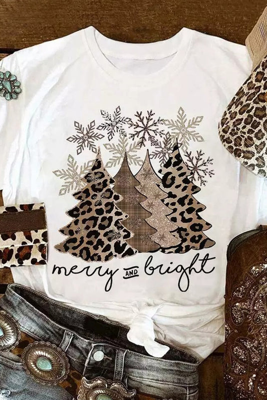 White Leopard Christmas Tree Graphic Crew Neck T Shirt Graphic Tees JT's Designer Fashion