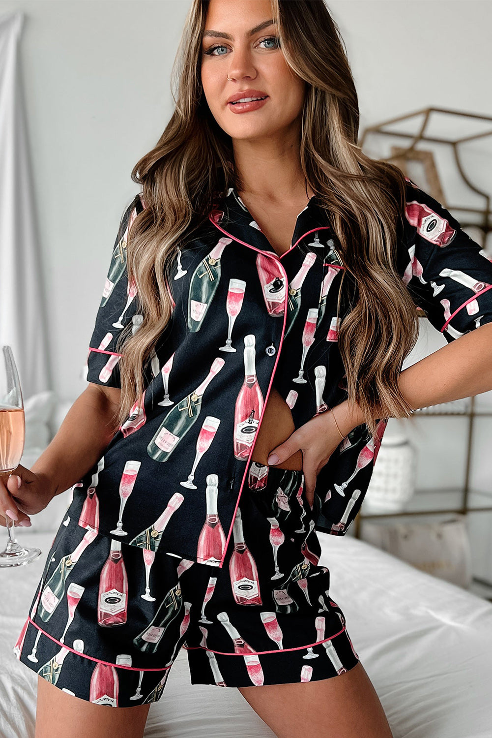 Black Champagne Print Silky Short Sleeve Pajamas Set Pre Order Loungewear JT's Designer Fashion