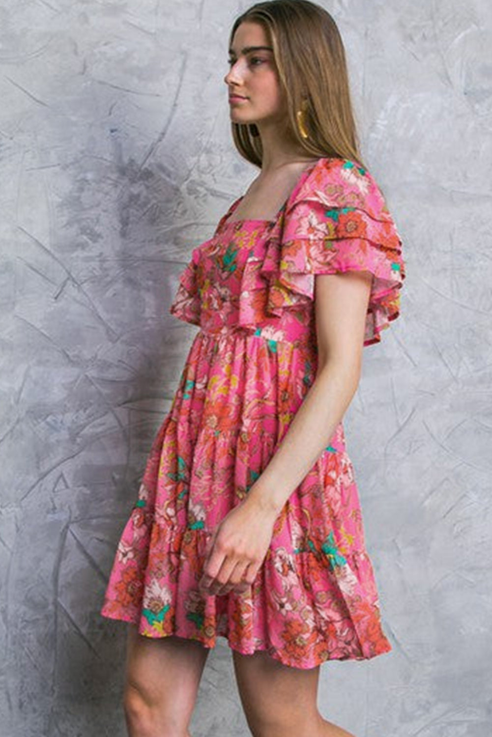 Pink Floral Square Neck Ruffle Sleeve Tiered Dress Floral Dresses JT's Designer Fashion