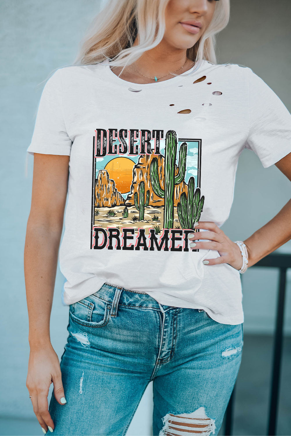 White DESERT DREAMER Western Cactus Print Ripped T Shirt Graphic Tees JT's Designer Fashion