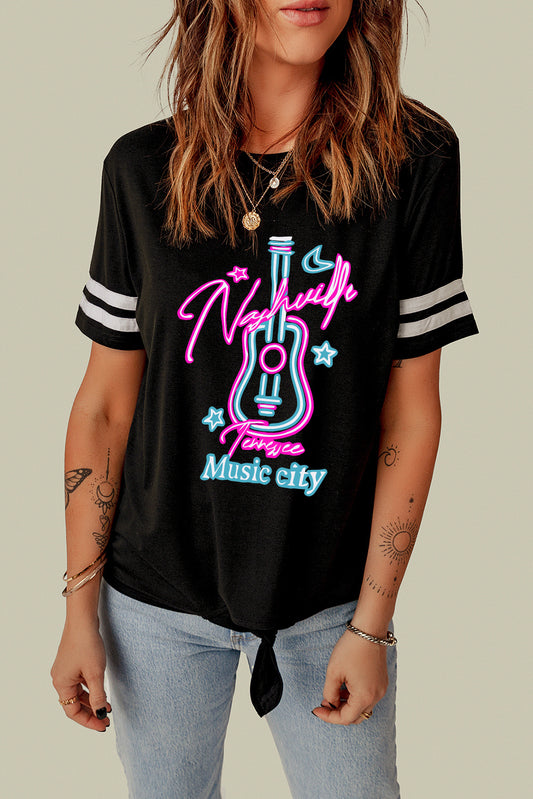 Black Mommy and Me Music City Guitar Print Striped Sleeve T Shirt Graphic Tees JT's Designer Fashion