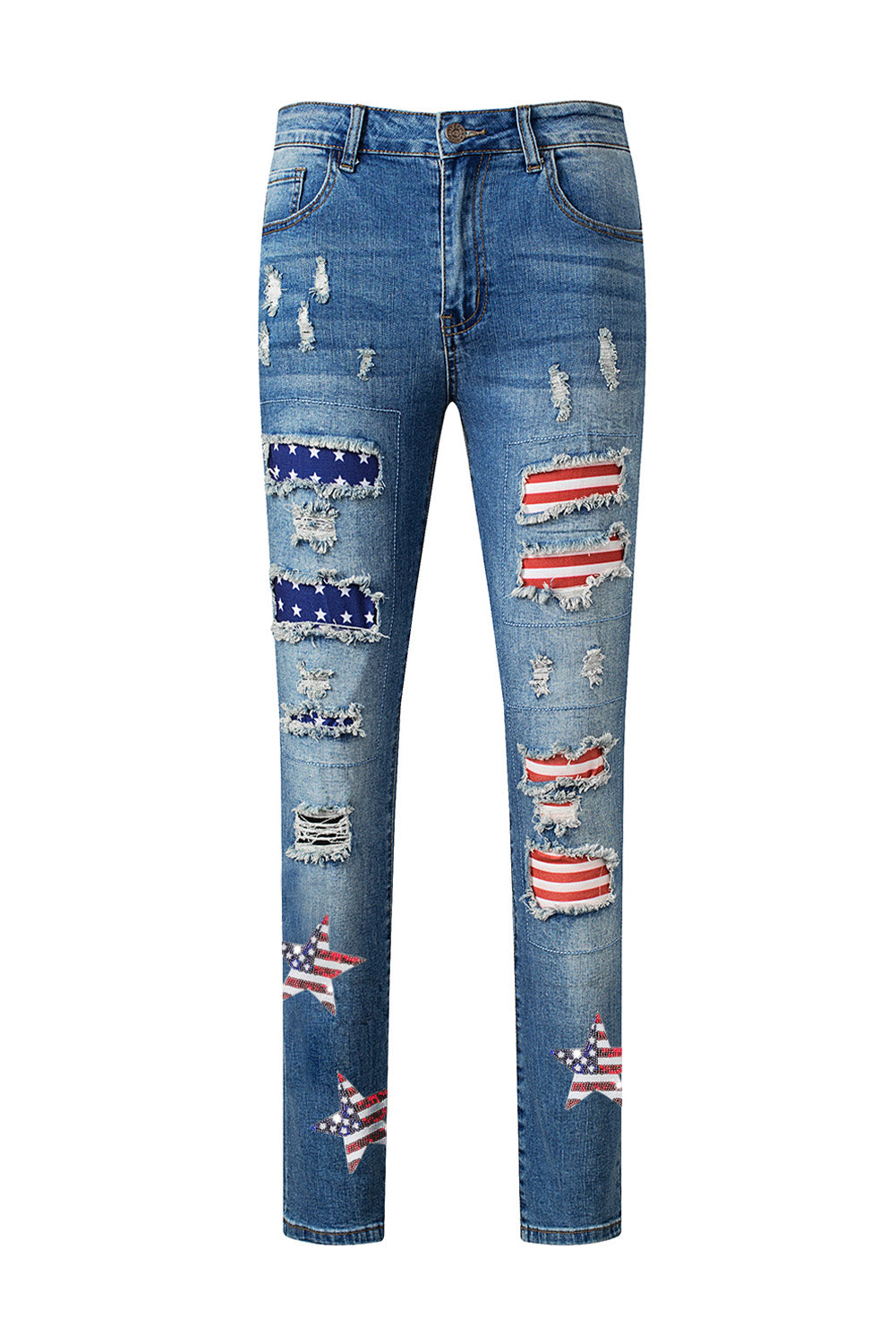 Sky Blue Sequin American Flag Star Graphic Distressed Straight Jeans Graphic Pants JT's Designer Fashion