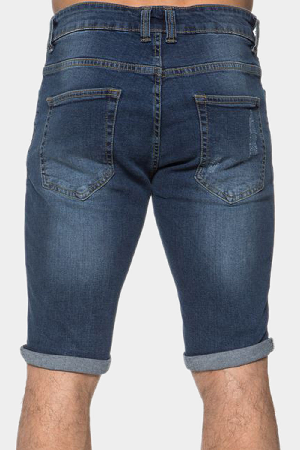 Blue Plaid Pattern Splicing Skinny Distressed Men's Denim Shorts Men's Pants JT's Designer Fashion