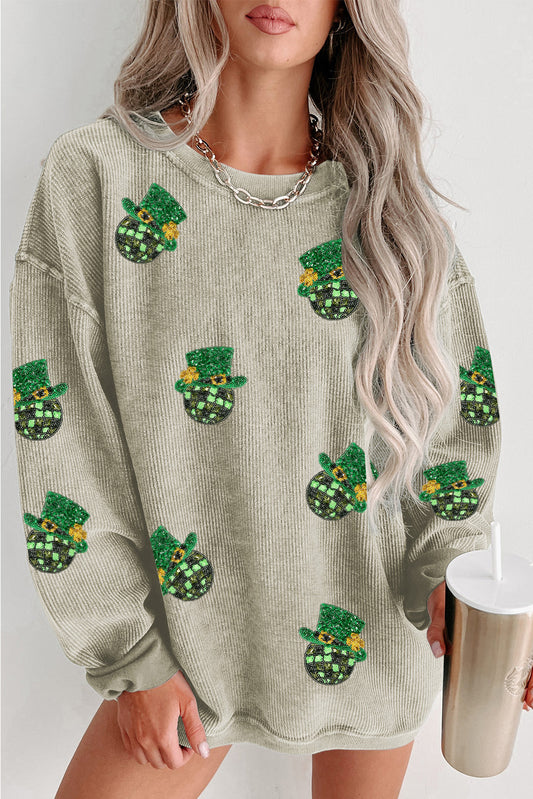 Green Sequin St Patrick Disco Ball Patch Corded Sweatshirt Green 100%Polyester Graphic Sweatshirts JT's Designer Fashion